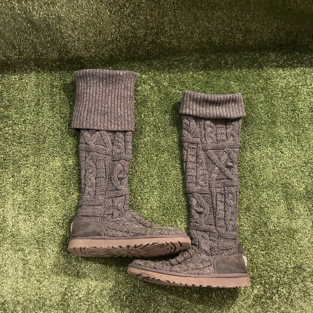 UGG Australia Cardi Over Knee Cable Knit Sweater Boots Grey Womens 9 USA Made - Picture 14 of 15